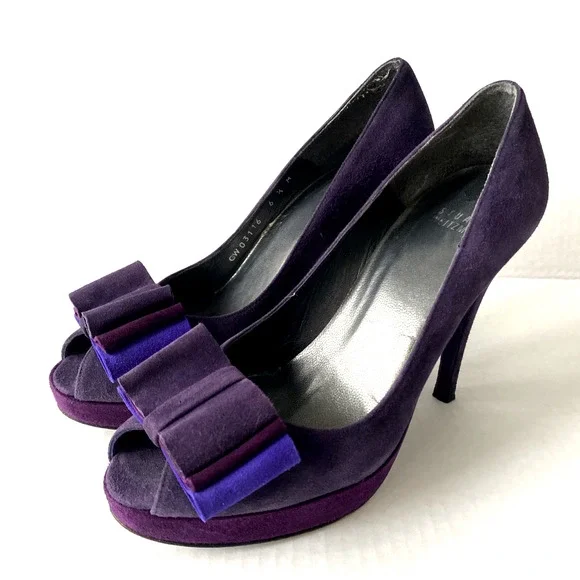 Stuart Weitzman Pump Platform Slim Heel Moda Purple Suede Peep Toe Bow 6.5
